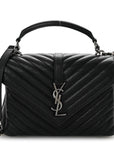 Sheepskin Matelasse Chevron Monogram Medium College Bag Black