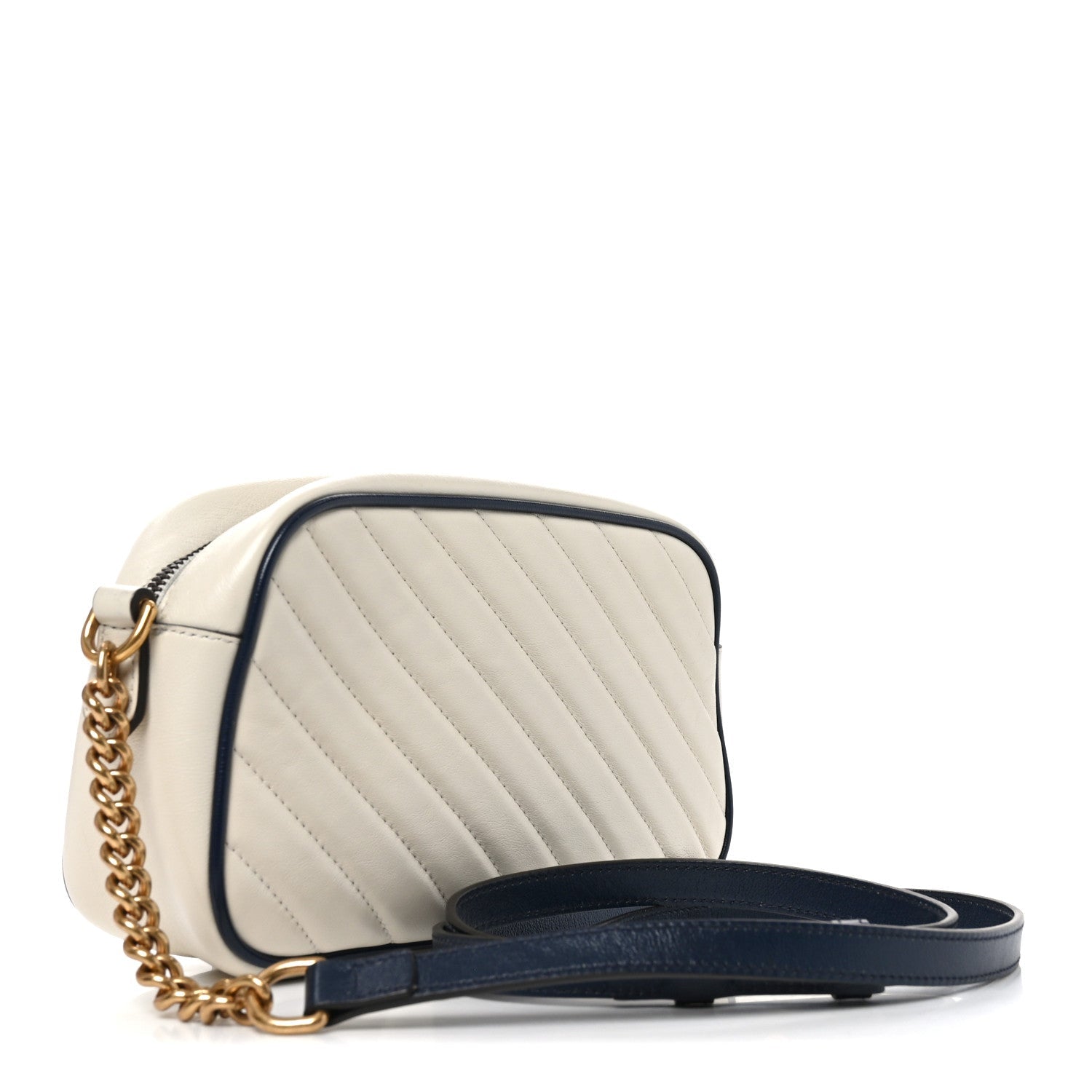 Vintage Effect Calfskin Matelasse Diagonal Small Torchon GG Marmont Chain Shoulder Bag Mystic White Blue Agata