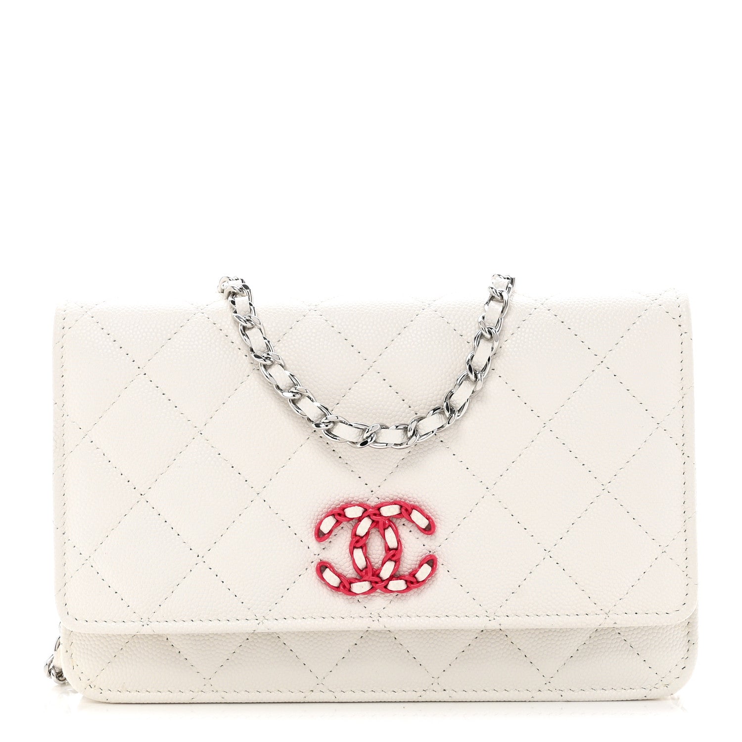 Caviar Quilted CHNL 19 Wallet On Chain WOC White Pink