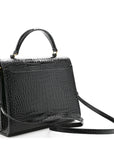 Calfskin Crocodile Embossed Medium Classic Monogram Cassandra Top Handle Black