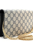 GG Supreme Monogram Textured Dollar Calfskin Mini GG Marmont Chain Wallet Beige Blue