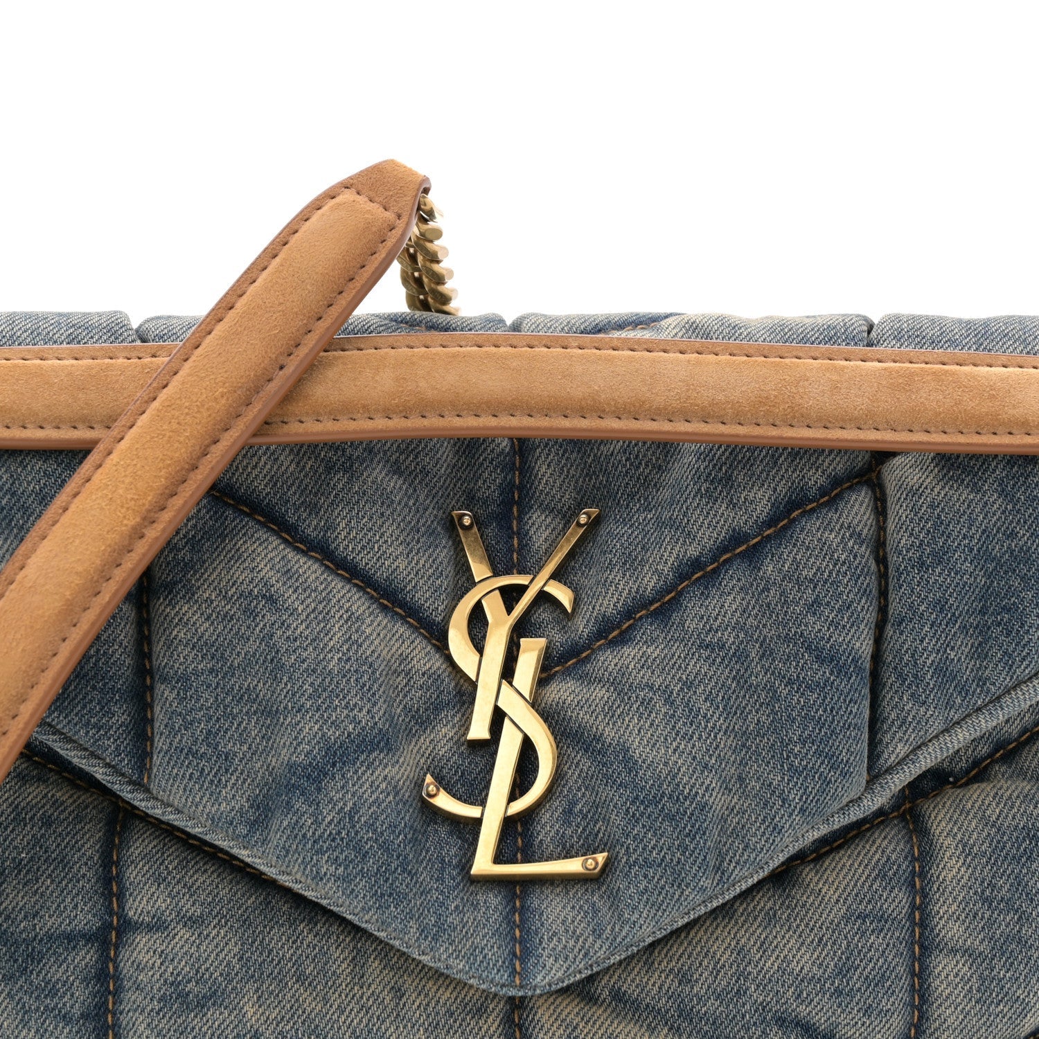 Denim Quilted Small Loulou Puffer Monogram Chain Satchel Blue Cinnamon