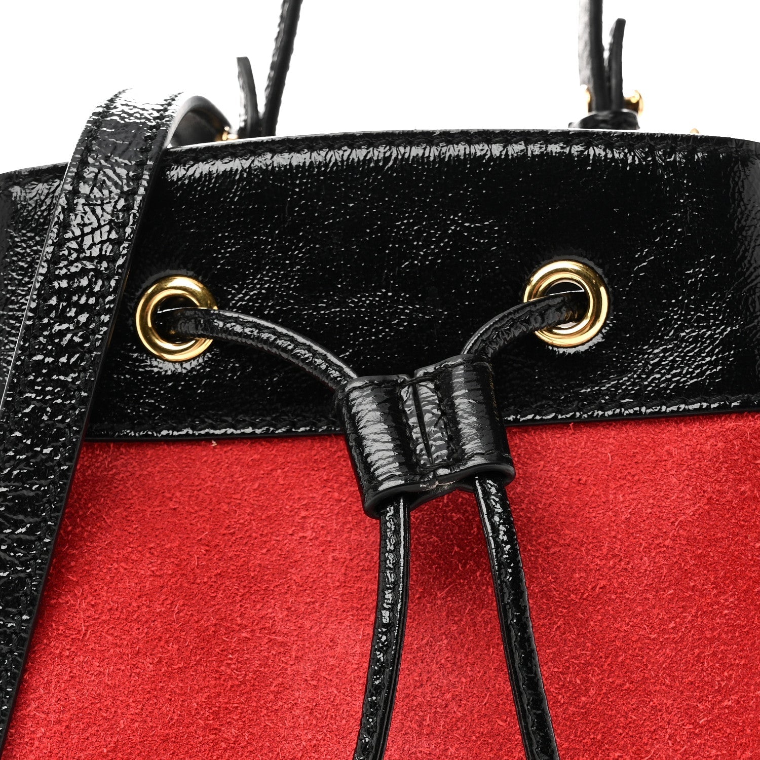 Suede Patent Web Small Ophidia Bucket Bag Hibiscus Red Black