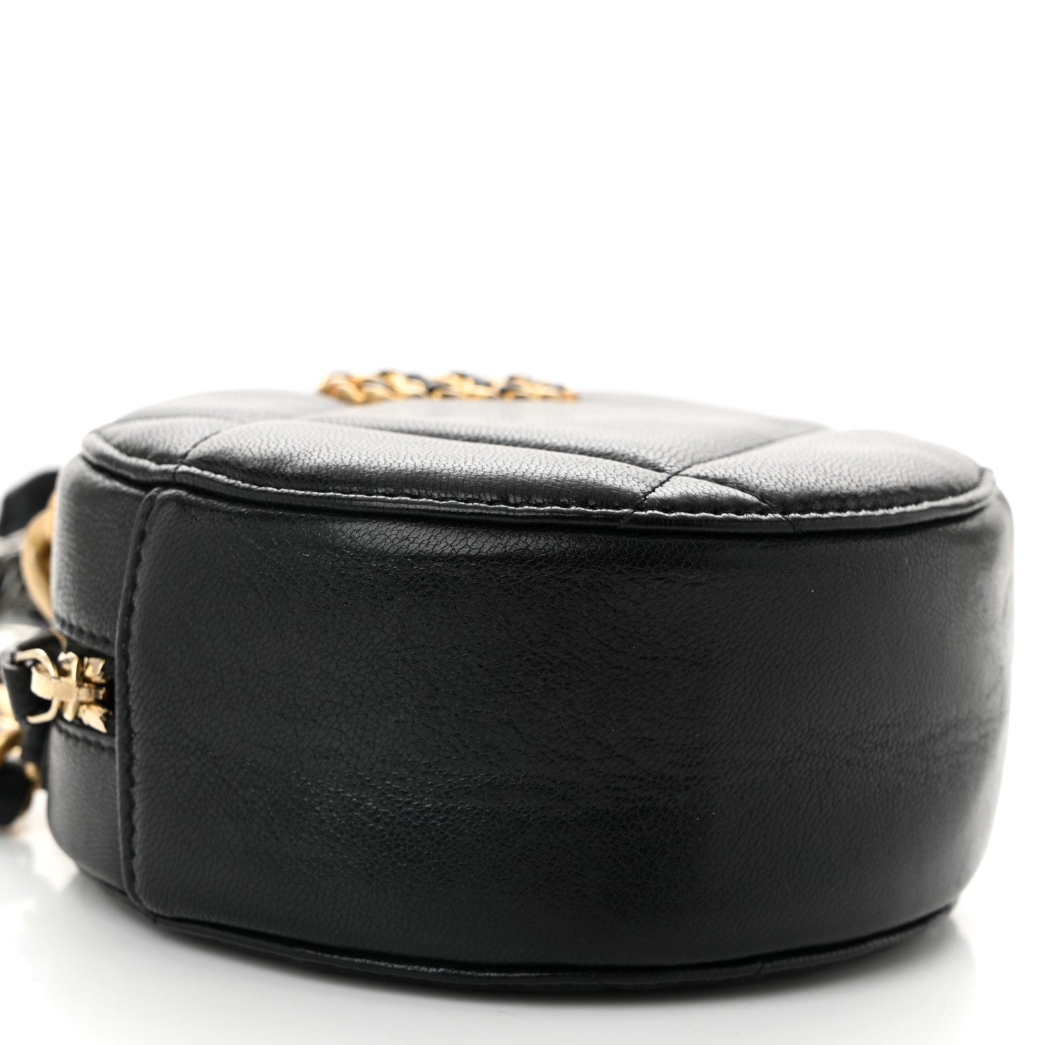 Shiny Goatskin Quilted CHNL 19 Round Clutch With Chain Black