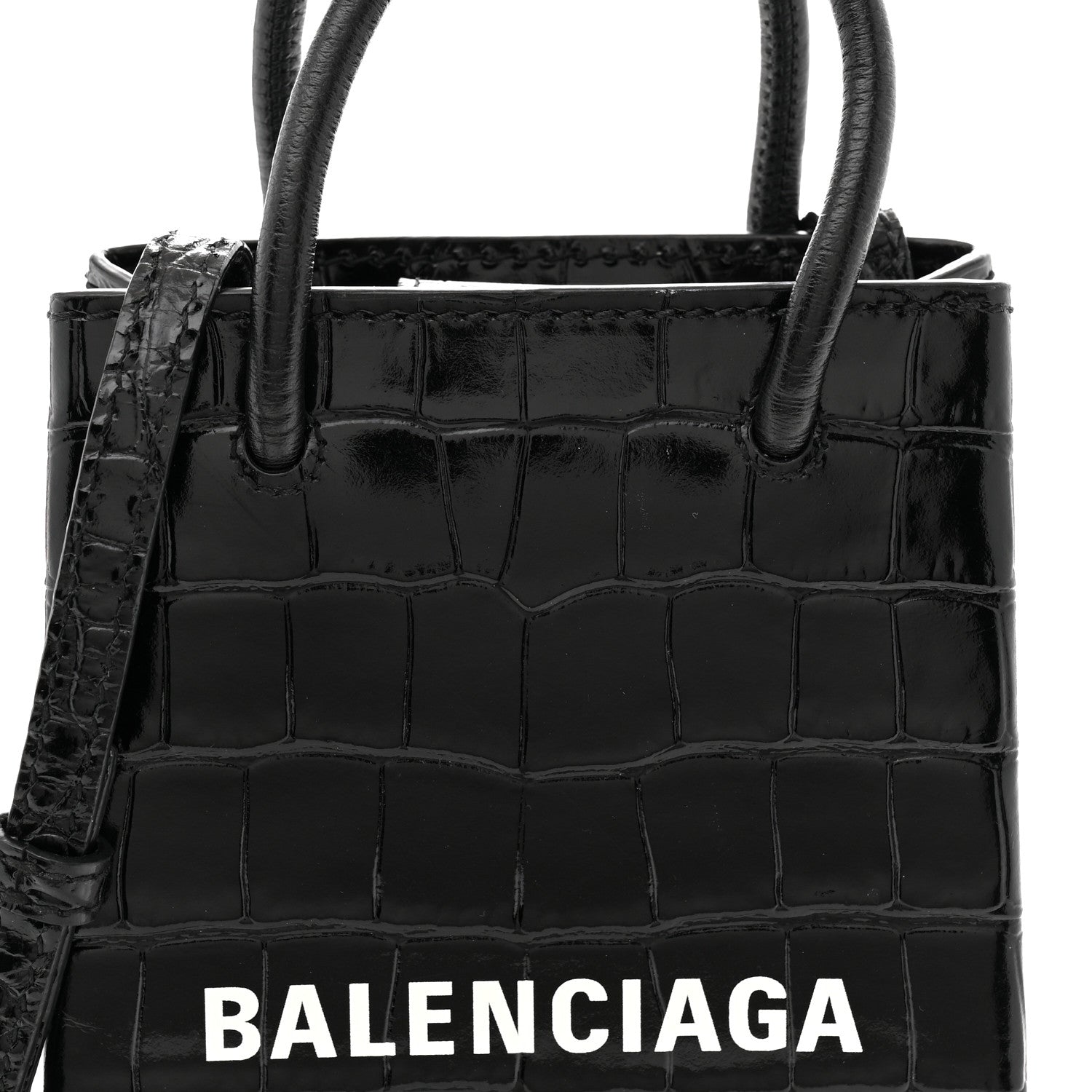 Calfskin Crocodile Embossed Logo Shopping Phone Holder Bag Black