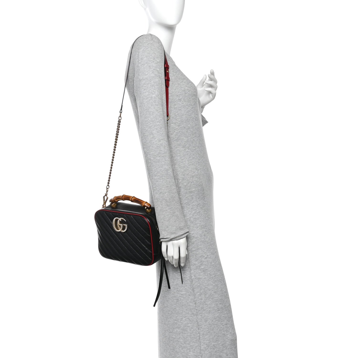 Vintage Effect Calfskin Matelasse Diagonal Small Torchon GG Marmont Bamboo Top Handle Shoulder Bag Black Romantic Cherry