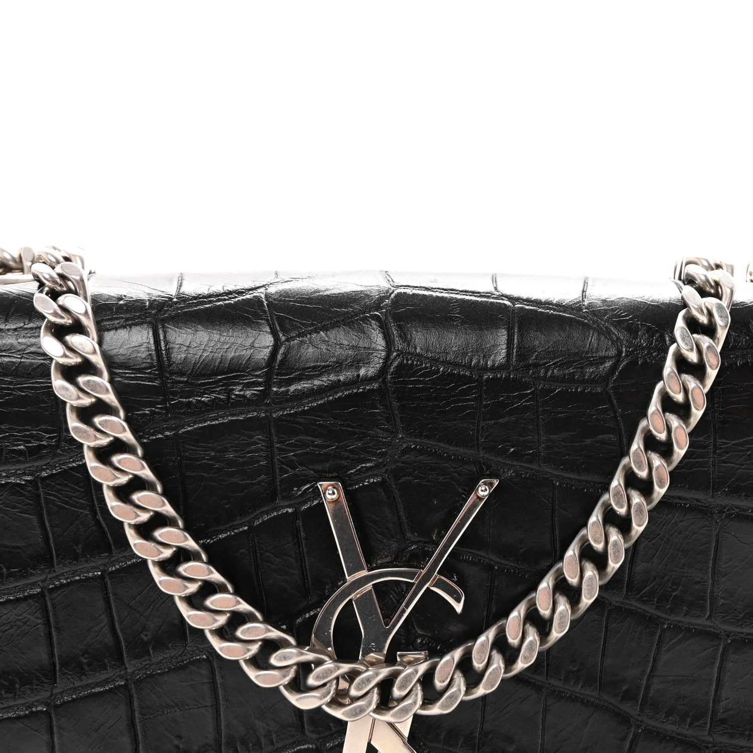 Calfskin Crocodile Embossed Small Classic Monogram Kate Tassel Satchel Black