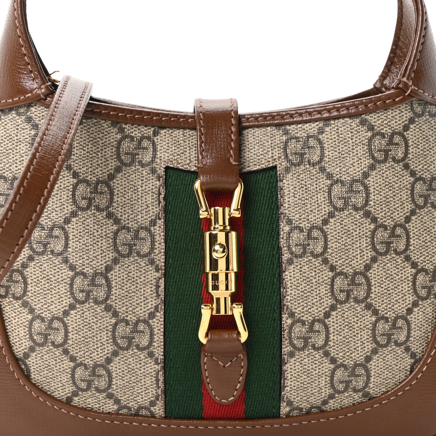 GG Supreme Monogram Azalea Calfskin Web Mini Jackie 1961 Hobo Beige Ebony Brown Sugar