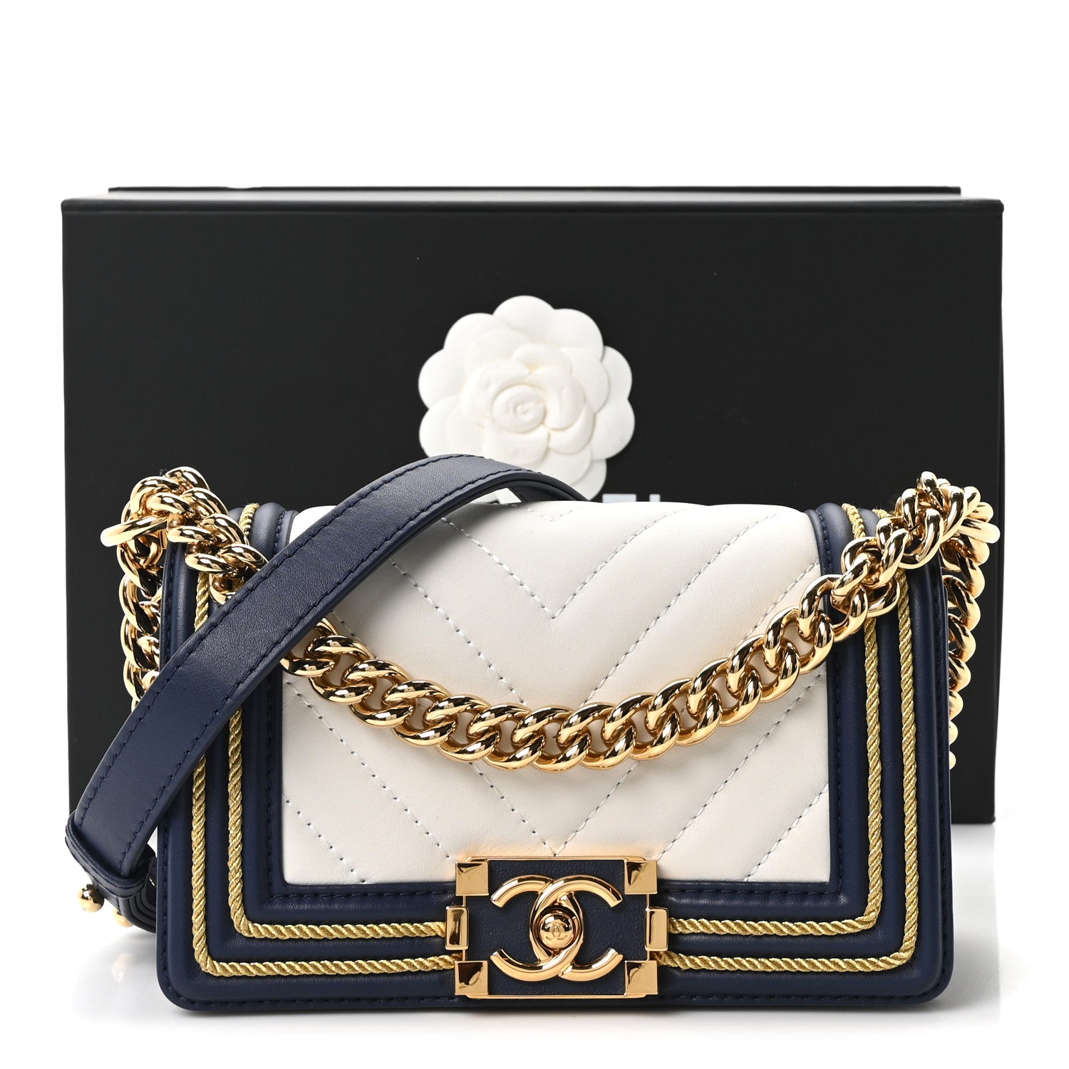 Calfskin Chevron Quilted Braided Small Boy Flap White Navy