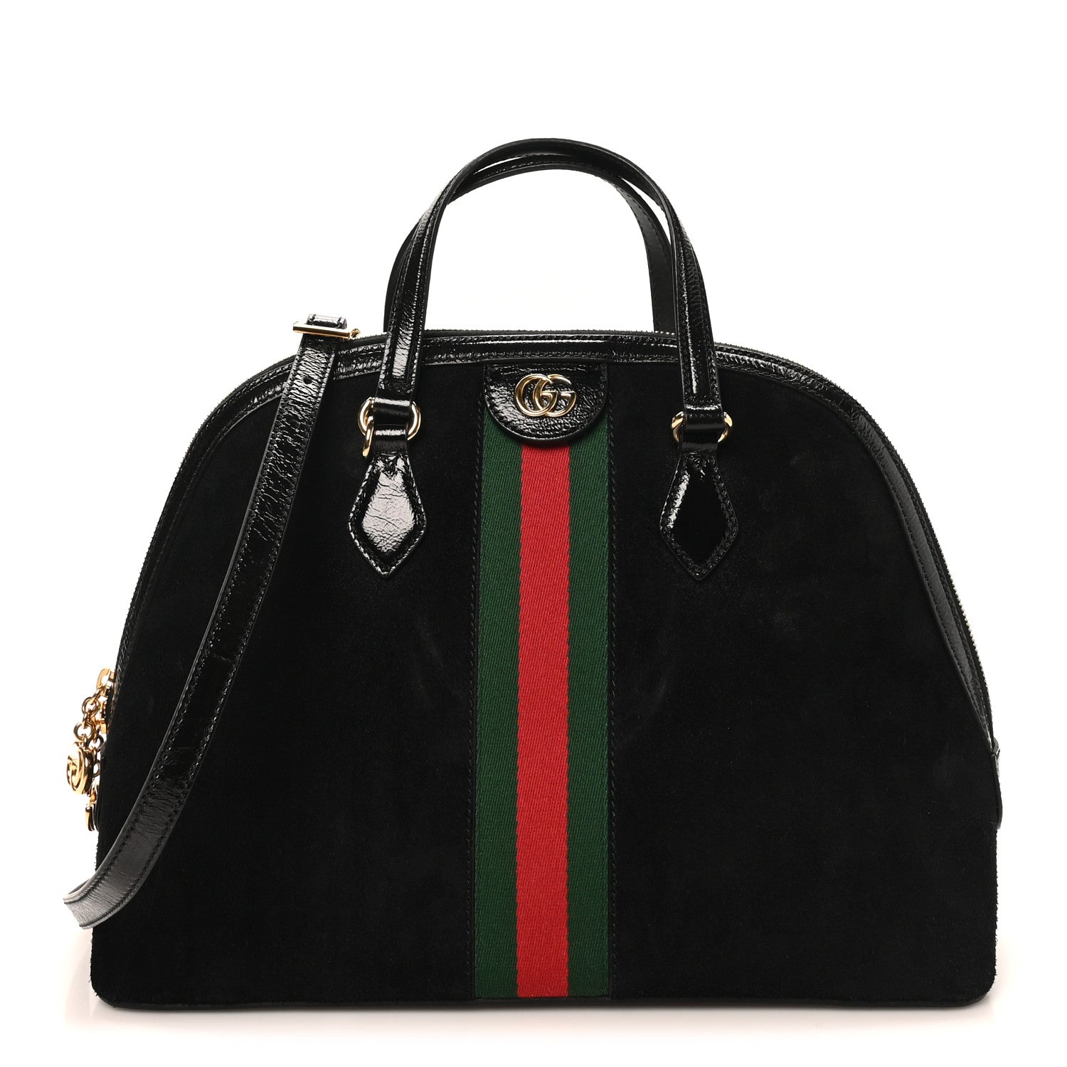 Suede Patent GG Web Medium Ophidia Top Handle Dome Bag Black