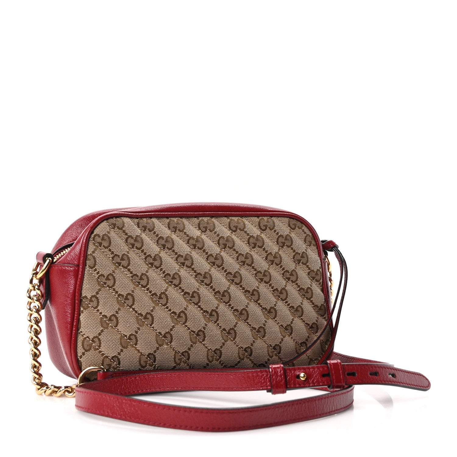 Monogram Azalea Calfskin Matelasse Diagonal Small GG Marmont Chain Shoulder Bag Beige Ebony New Cherry Red