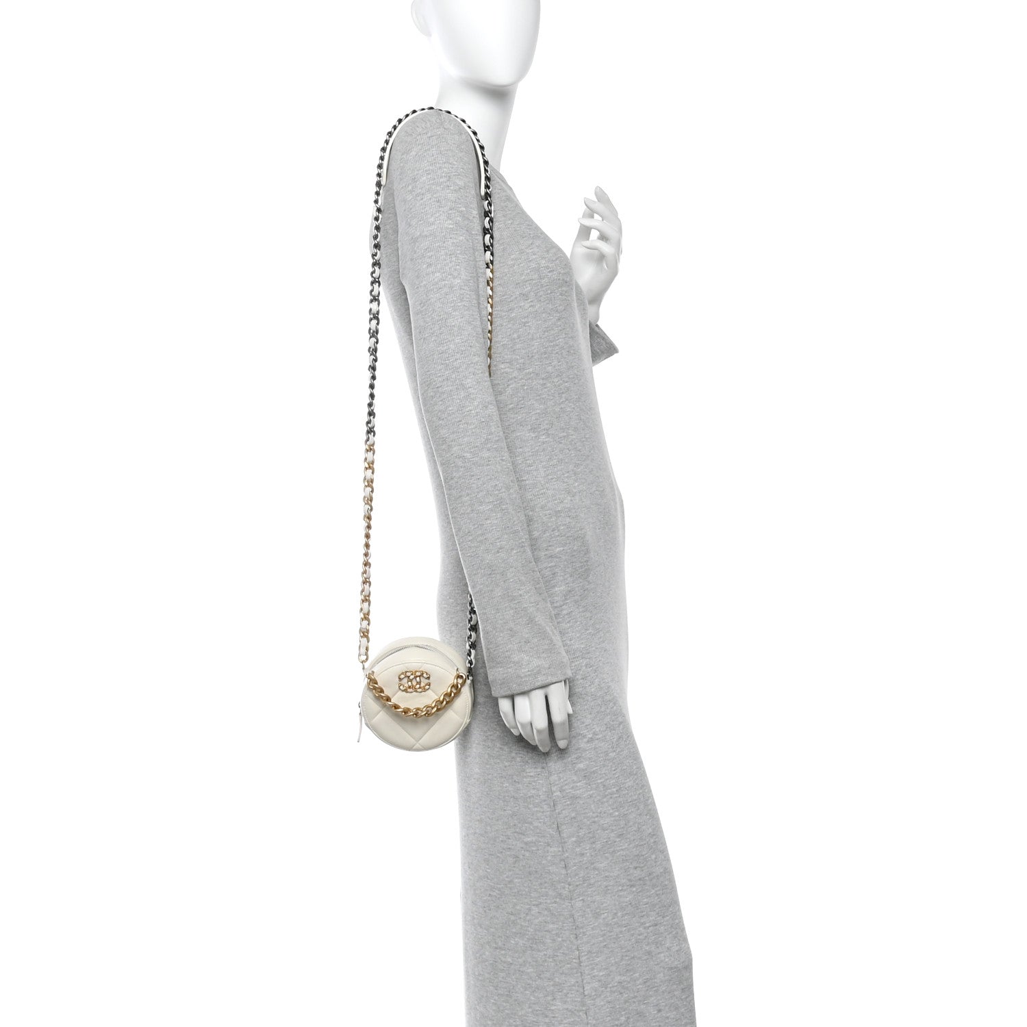 Lambskin Quilted CHNL 19 Round Clutch With Chain White