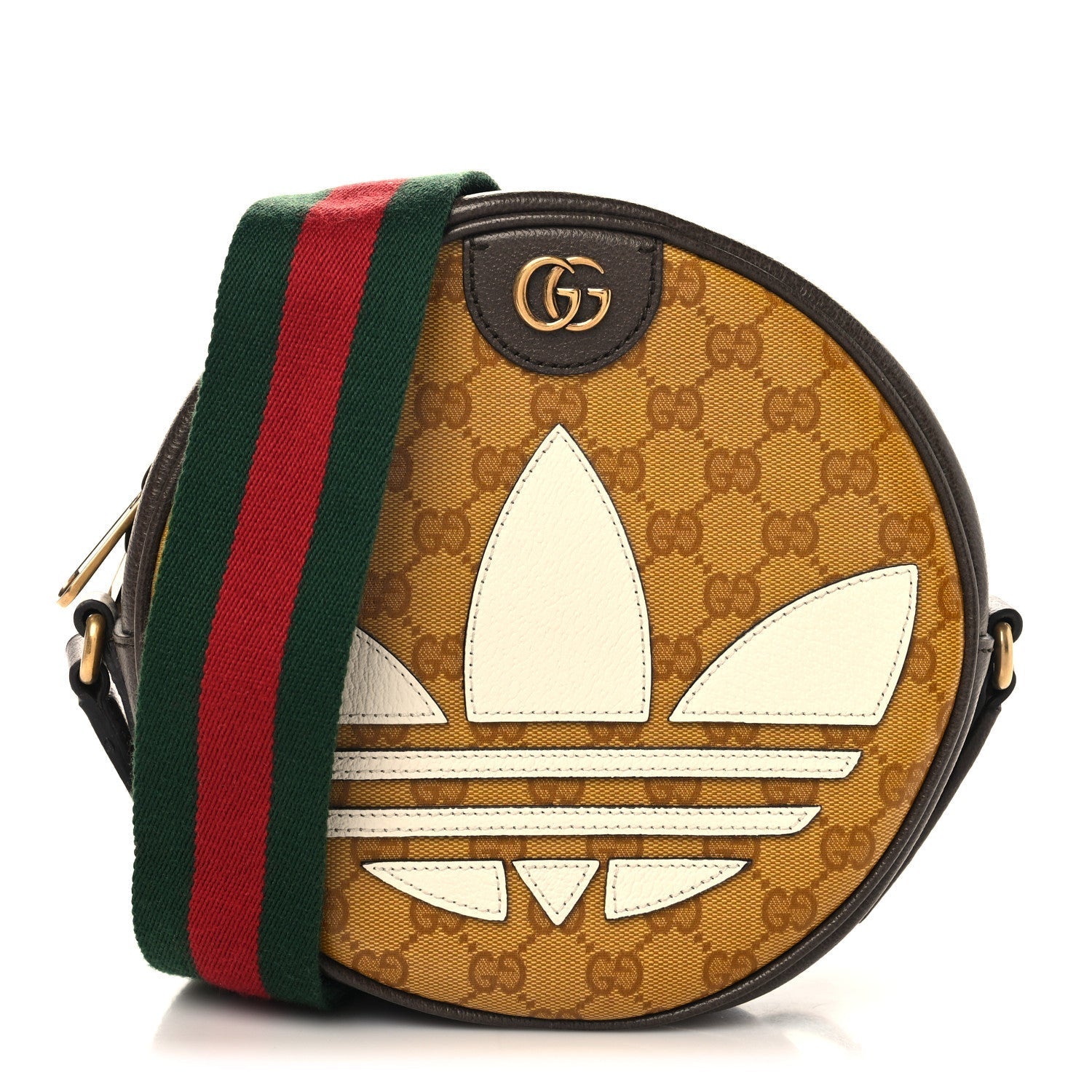 X ADIDAS Crystal Vintage Monogram Textured Dollar Calfskin Web Trefoil Small Ophidia Round Shoulder Bag Mid Natural Nut Off White New Acero