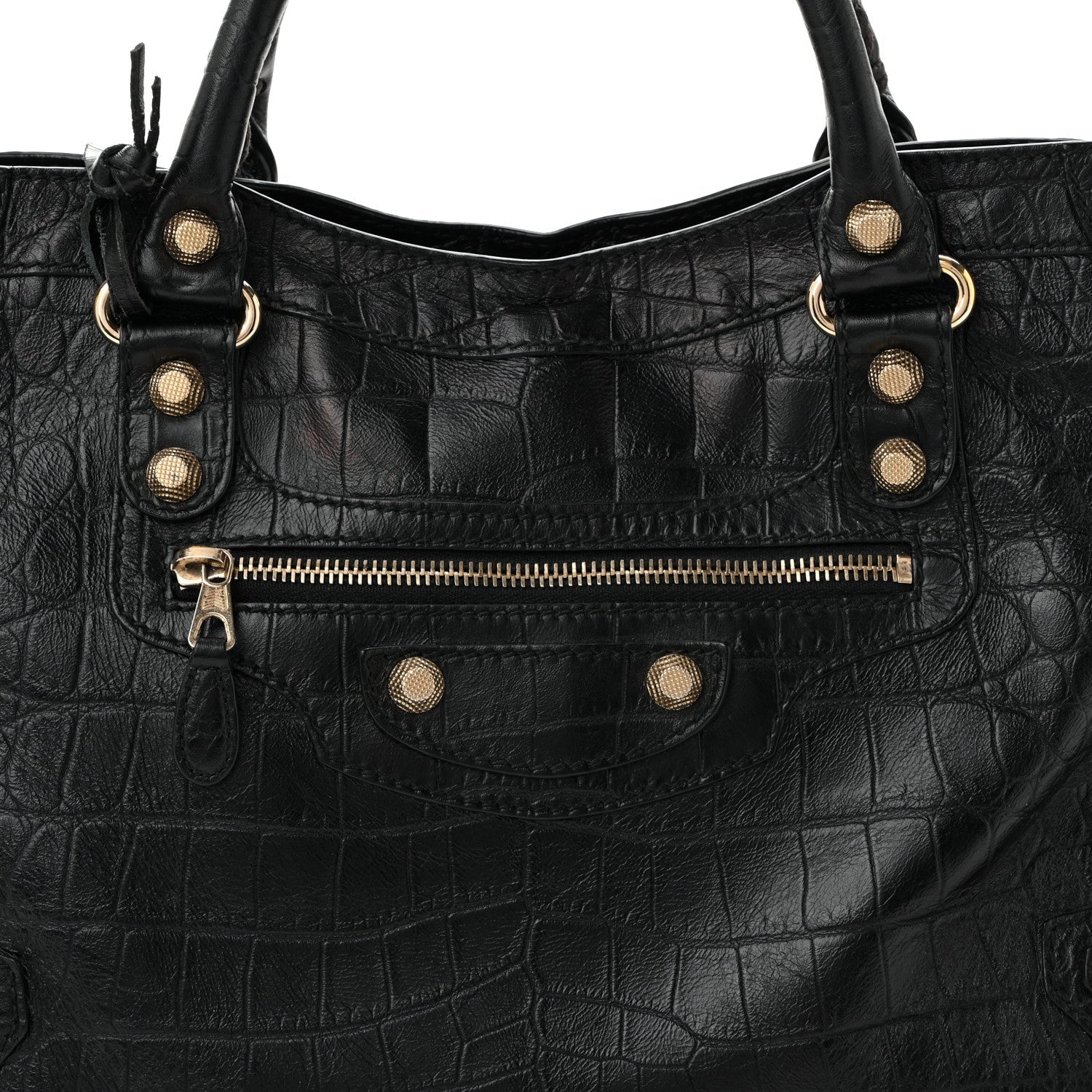 Calfskin Crocodile Embossed Giant 12 Gold Hardware City Black