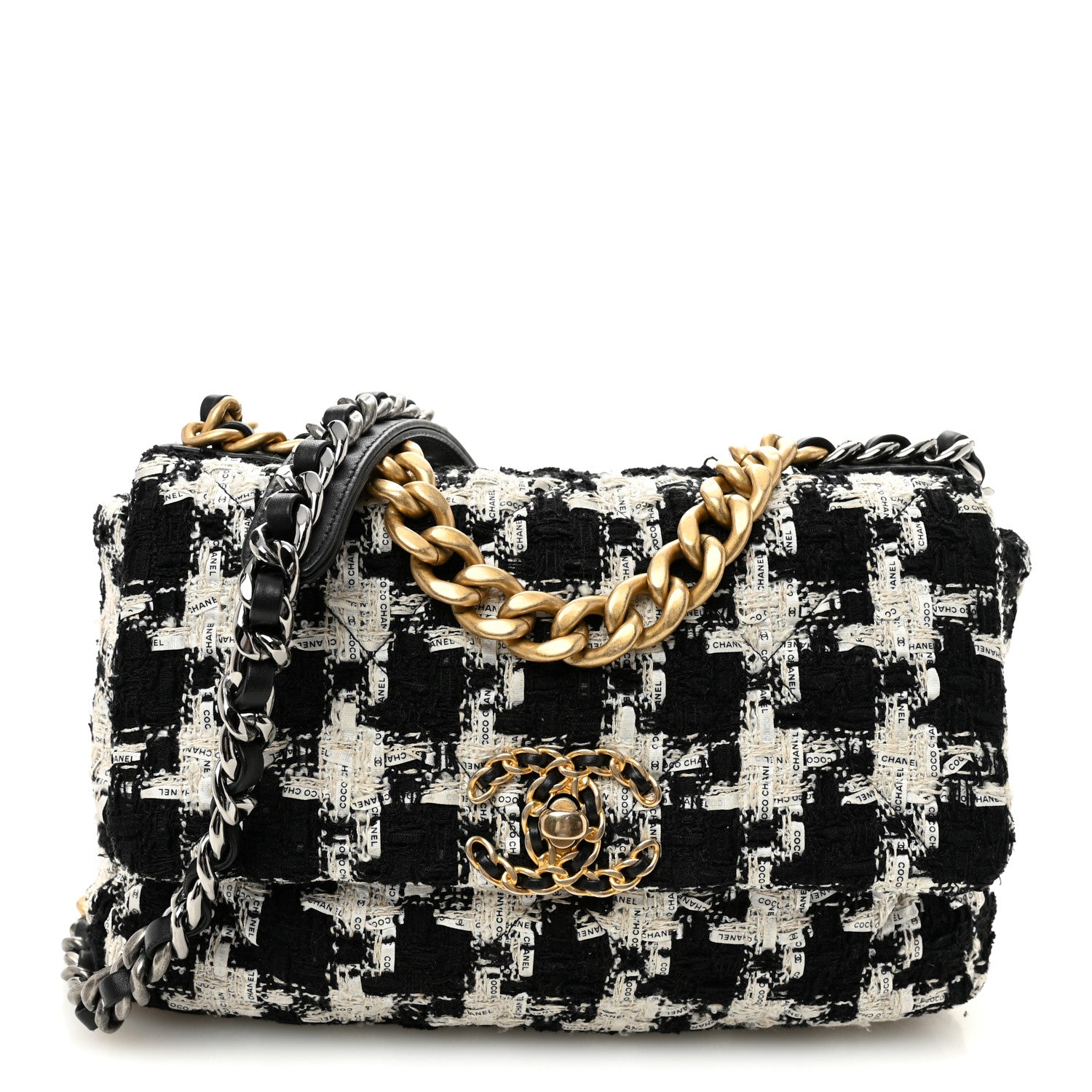 Tweed Quilted Medium CHNL 19 Flap Black Ecru White