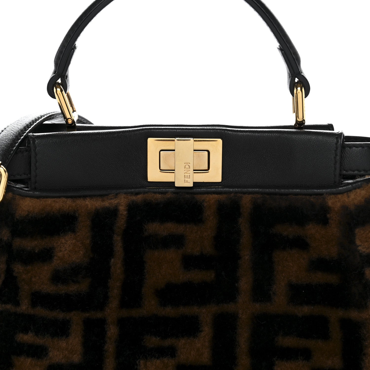 Shearling Nappa Macro FF 1974 Mini Peekaboo Iconic Satchel Tobacco Black
