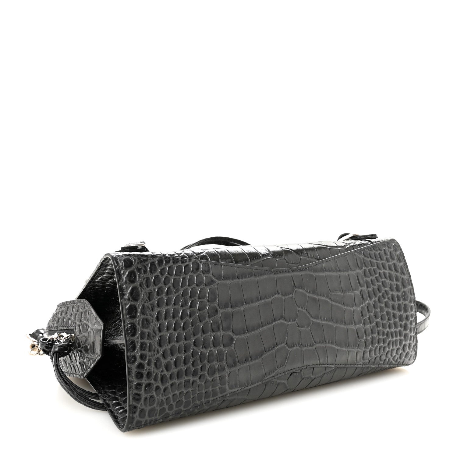 Shiny Supple Calfskin Crocodile Embossed Neo Classic Silver Hardware S City Dark Grey
