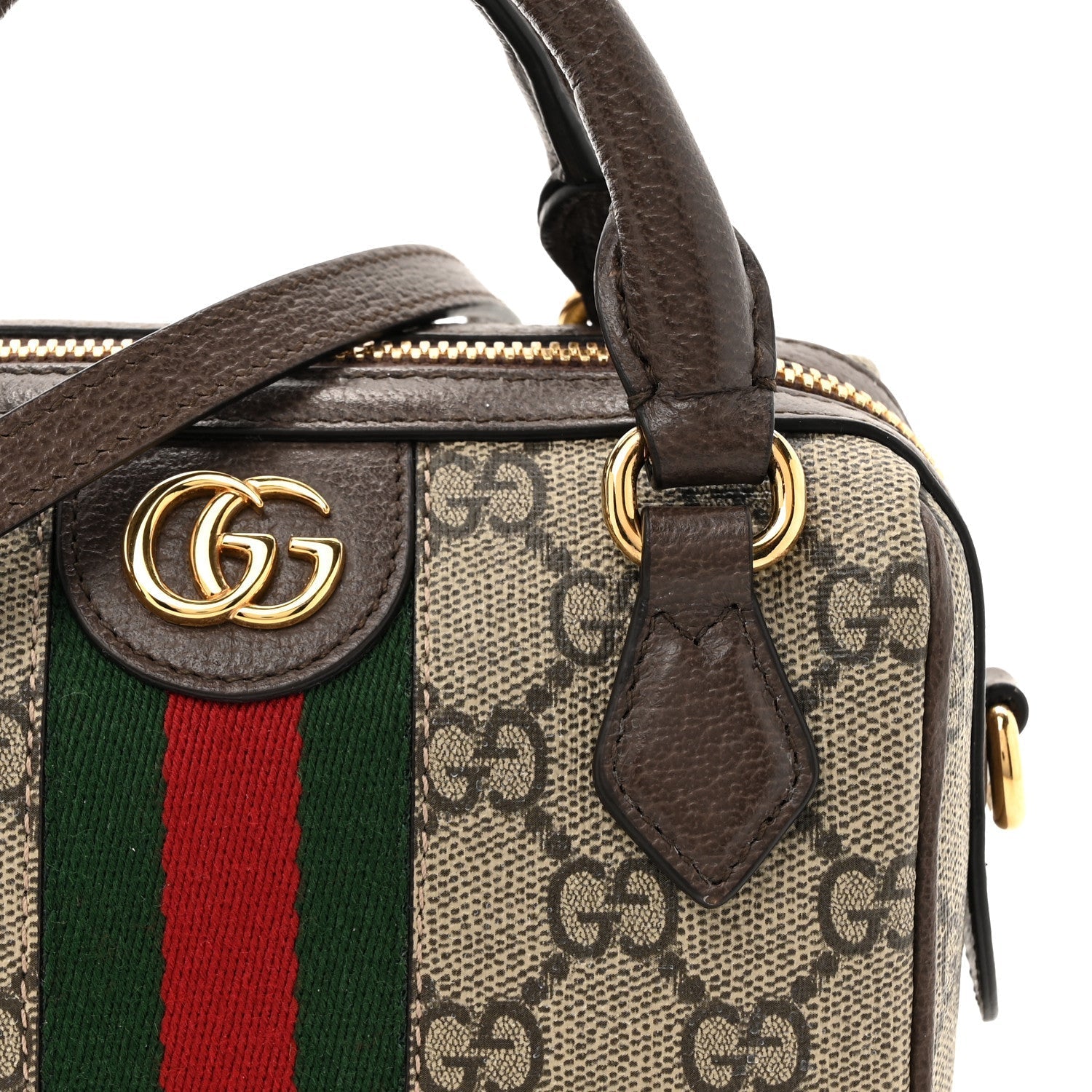 GG Supreme Monogram Textured Dollar Calfskin Web Super Mini Ophidia Top Handle Bowler Bag Beige Ebony New Acero