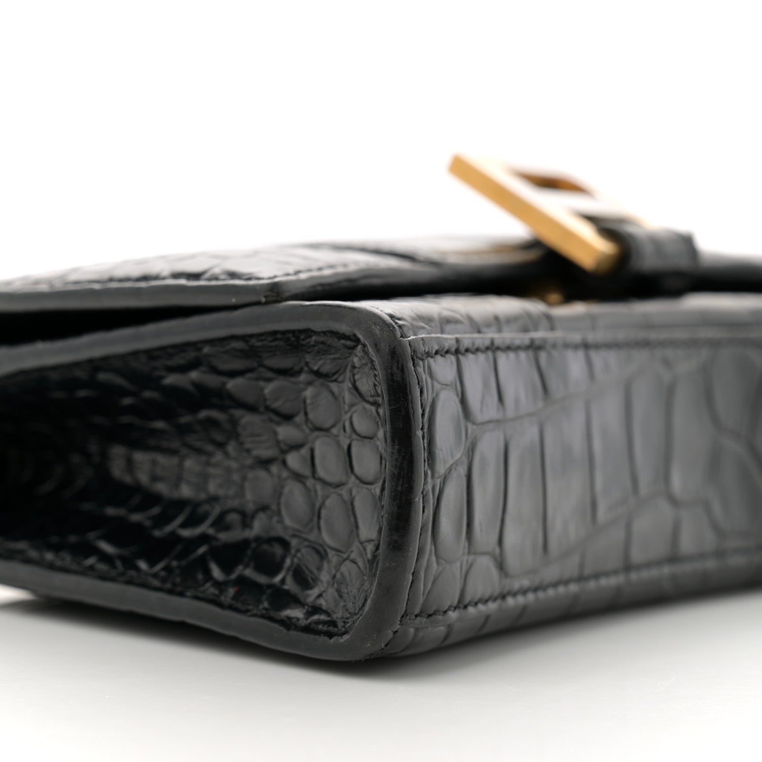 Shiny Calfskin Crocodile Embossed Hourglass Chain Bag Black