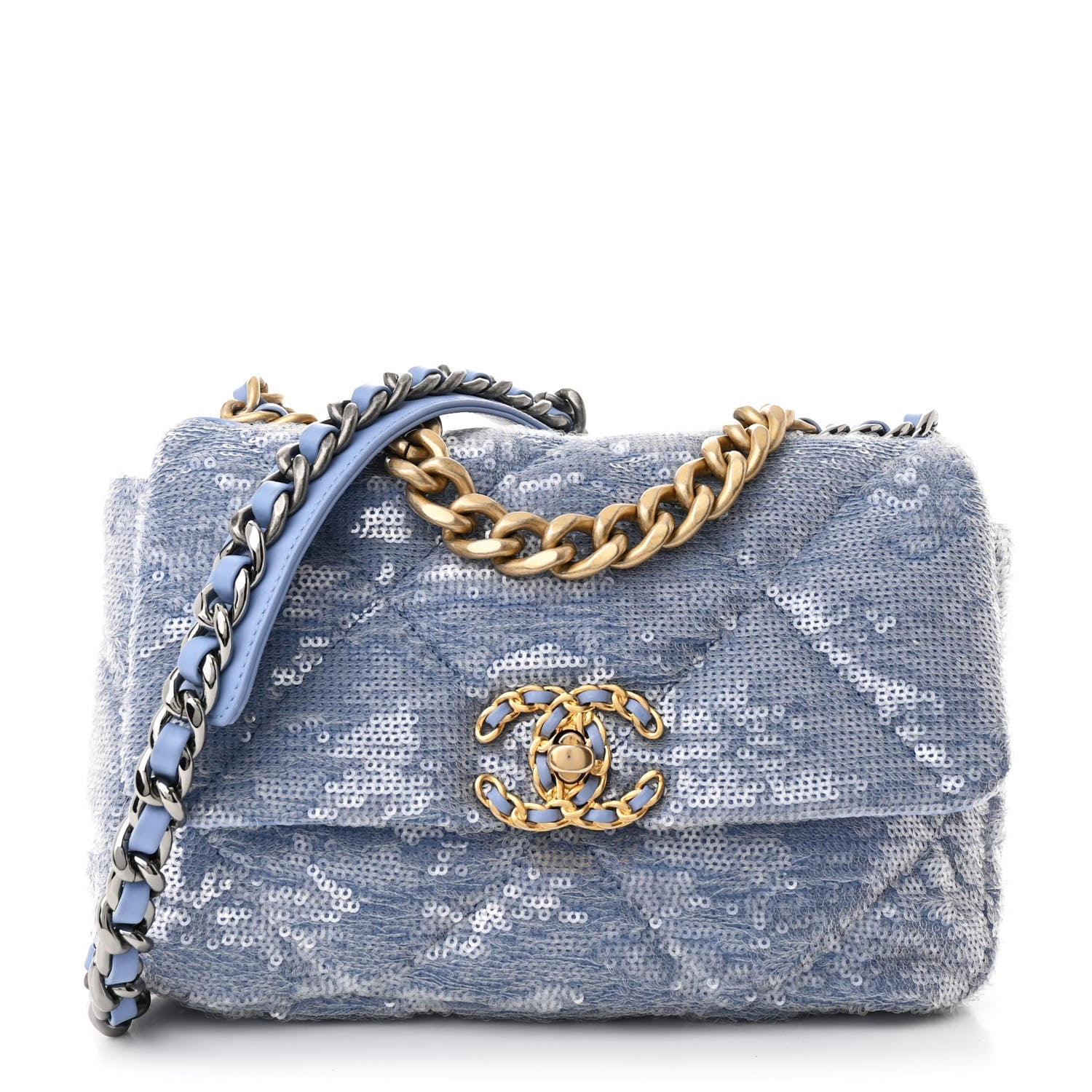 Sequin Quilted Medium CHNL 19 Flap Light Blue