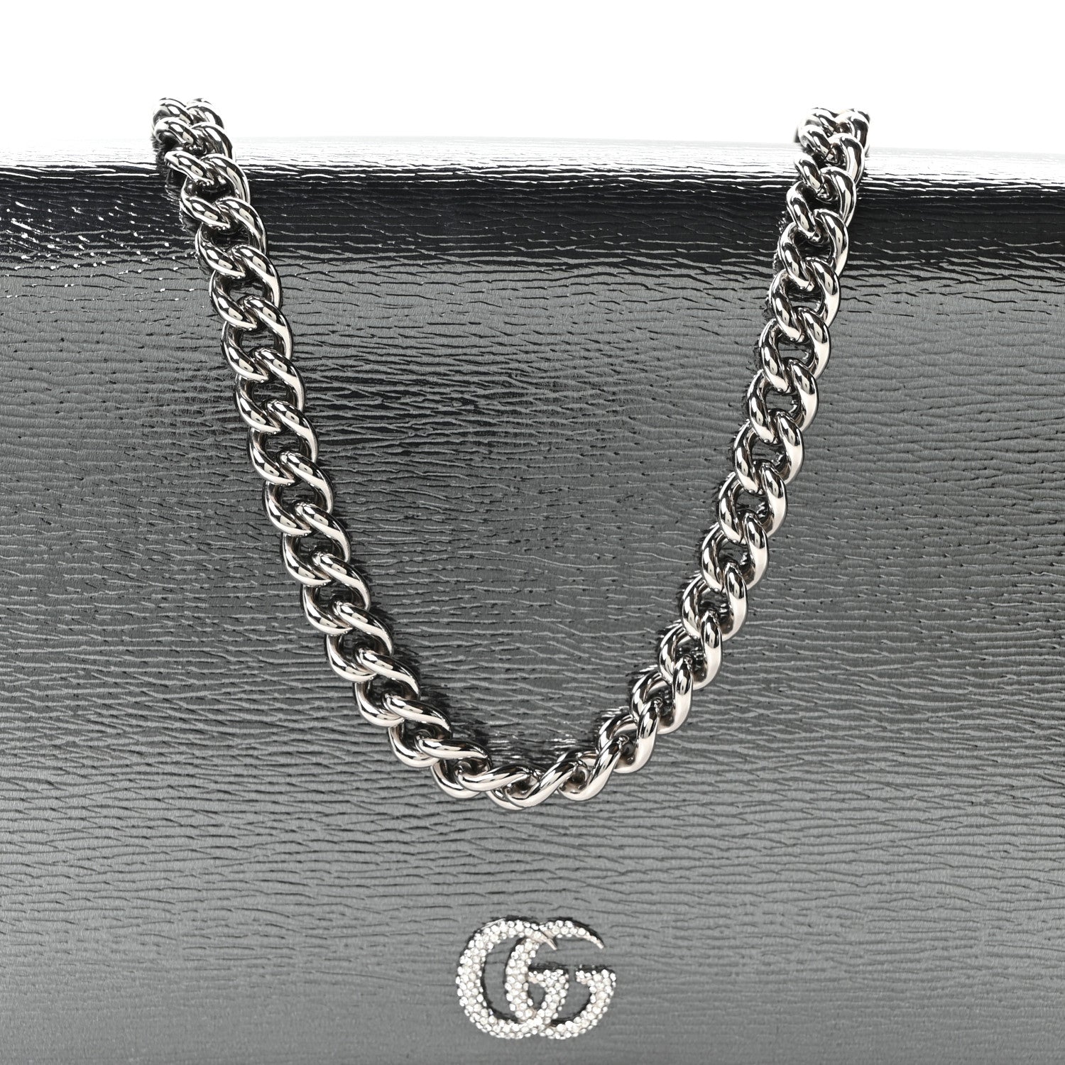 Textured Patent Bi-color GG Marmont Wallet on Chain  Silver Blue