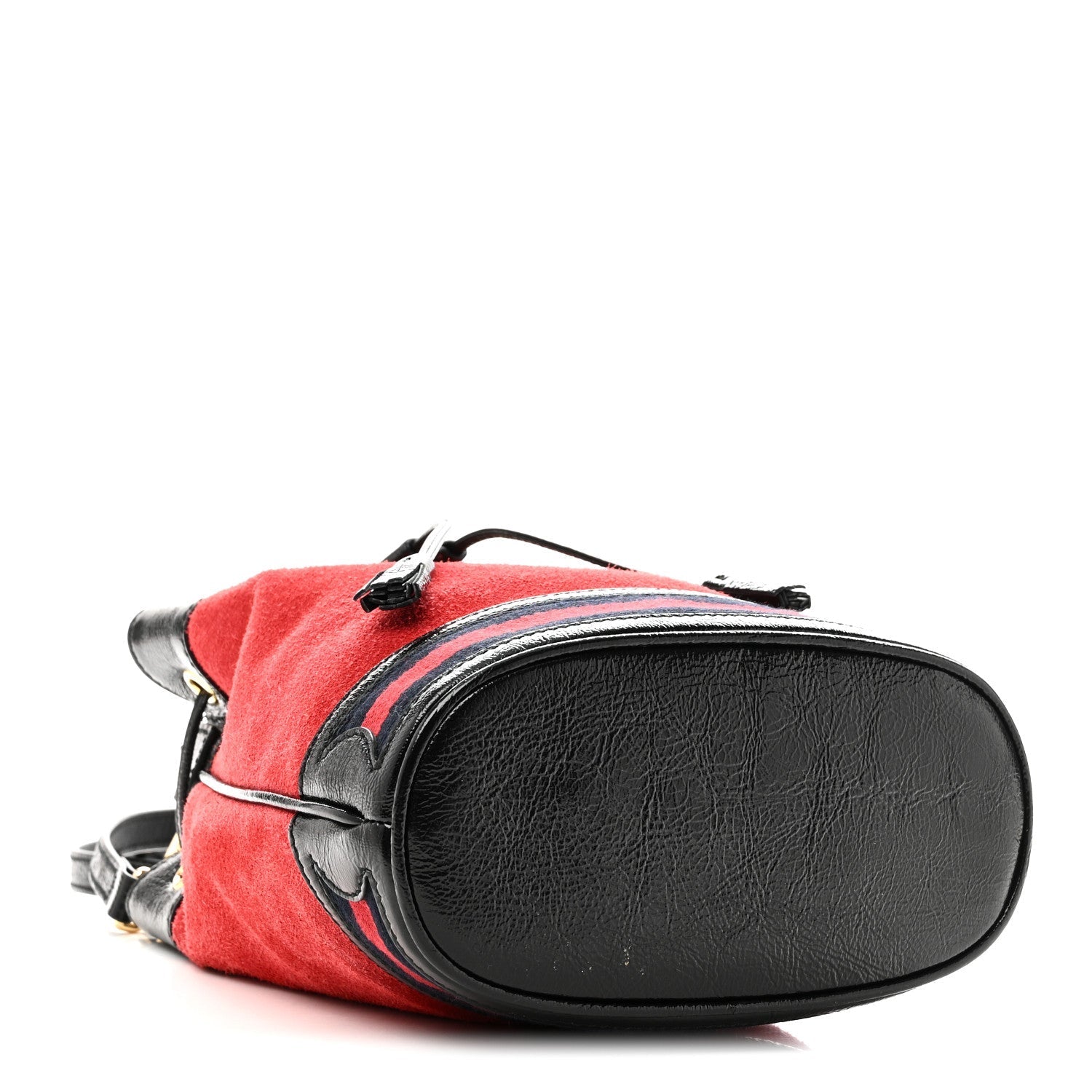Suede Patent Web Small Ophidia Bucket Bag Hibiscus Red Black