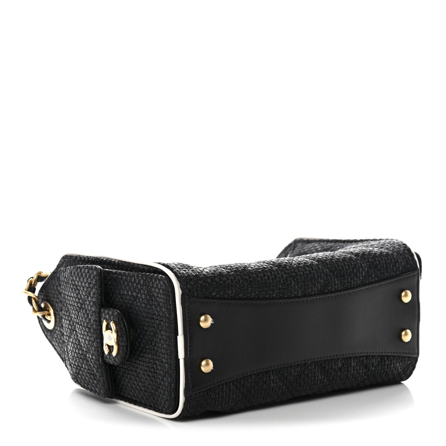 Braided Raffia Calfskin Quilted Mini CHNL 25 Handbag Black White