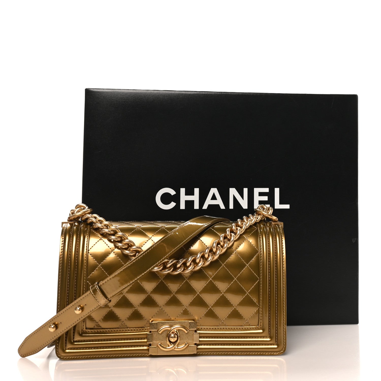Metallic Patent Calfskin Quilted Medium Boy Flap Gold