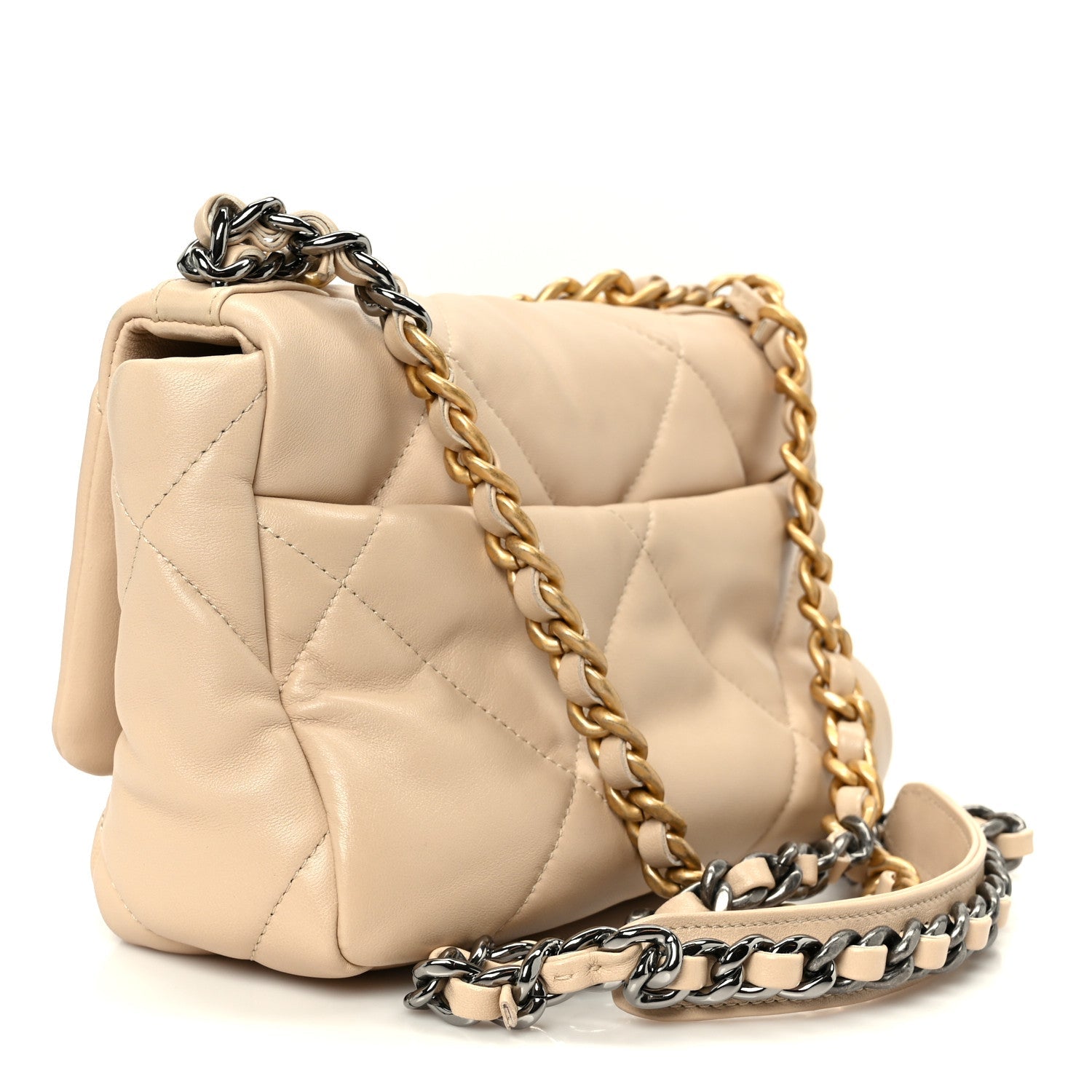 Shiny Goatskin Quilted Medium CHNL 19 Flap Beige