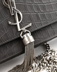Calfskin Crocodile Embossed Medium Classic Monogram Kate Tassel Satchel Storm