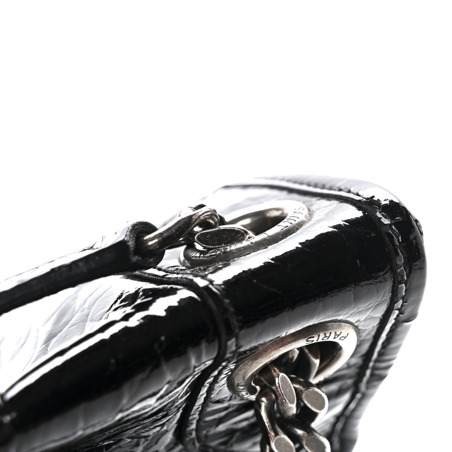Patent Crocodile Embossed Lambskin Monogram Medium Niki Chain Satchel Black