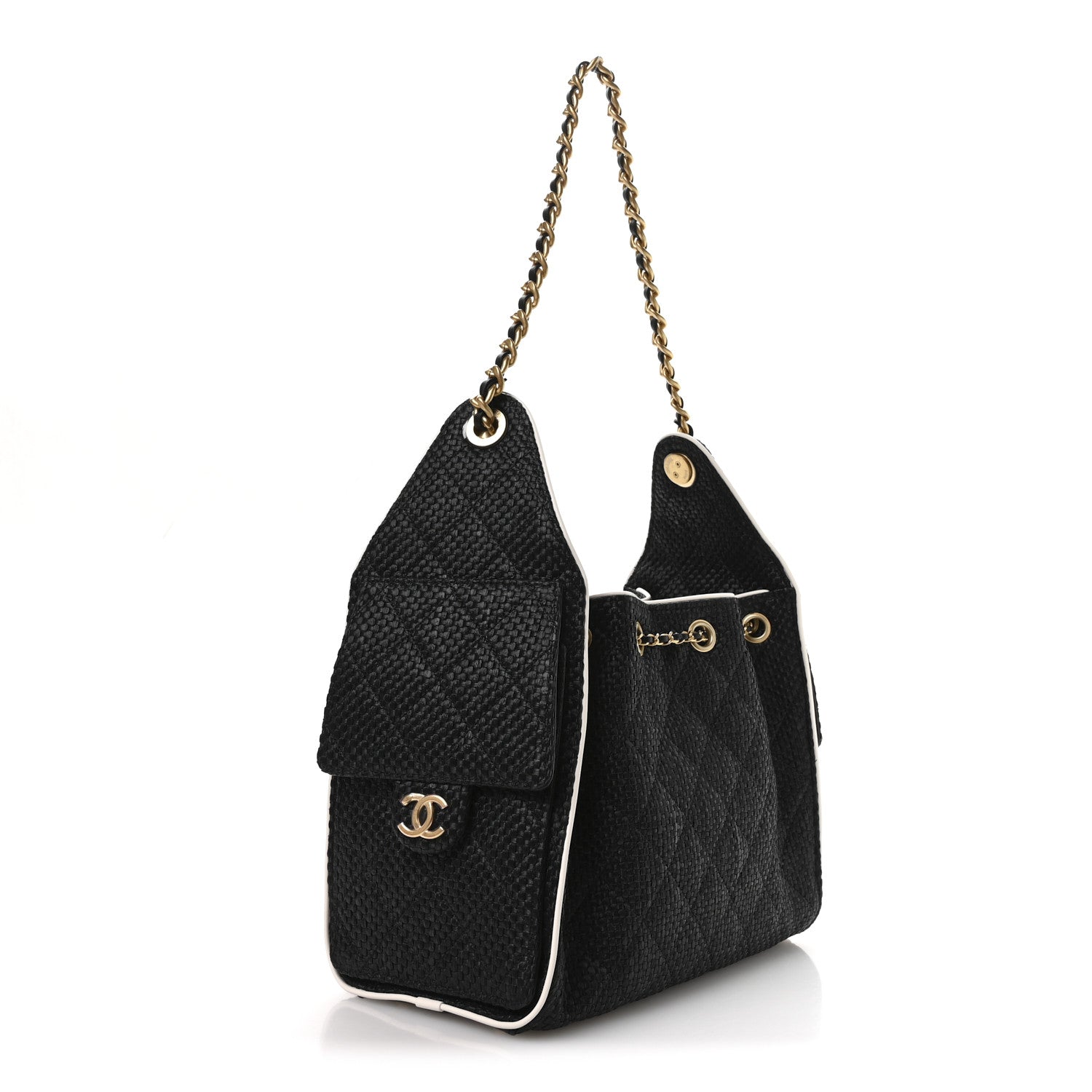 Braided Raffia Calfskin Small CHNL 25 Handbag Black White