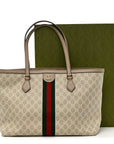 GG Supreme Monogram Textured Dollar Calfskin Web Medium Ophidia Shopping Tote Beige Mystic White Oatmeal