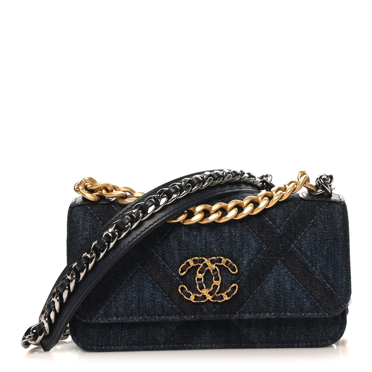 Denim Quilted CHNL 19 Flap Phone Holder With Chain Blue