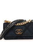 Denim Quilted CHNL 19 Flap Phone Holder With Chain Blue