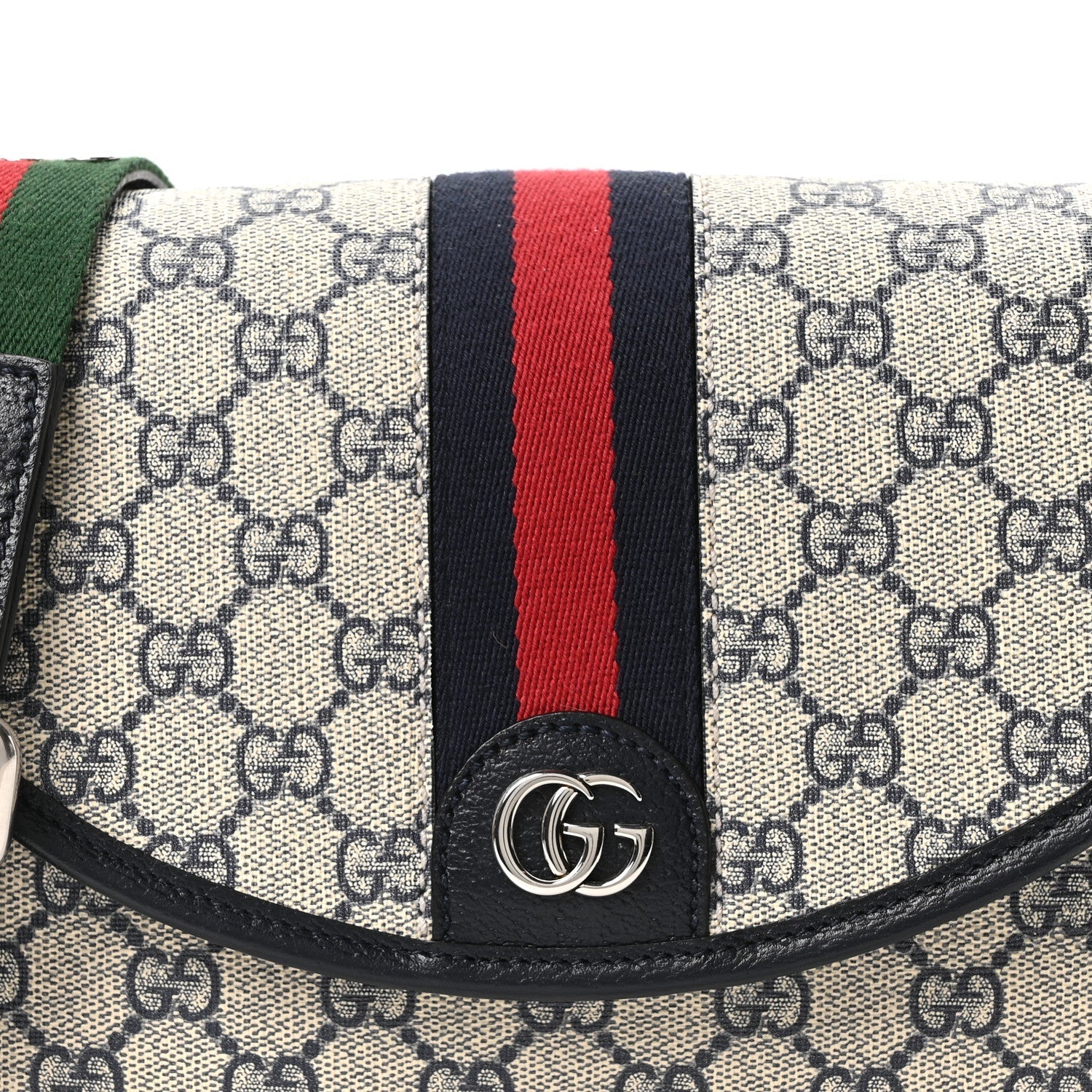 GG Supreme Monogram Textured Dollar Calfskin Web Studded Mini Ophidia Flap Shoulder Bag Beige Blue
