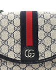 GG Supreme Monogram Textured Dollar Calfskin Web Studded Mini Ophidia Flap Shoulder Bag Beige Blue