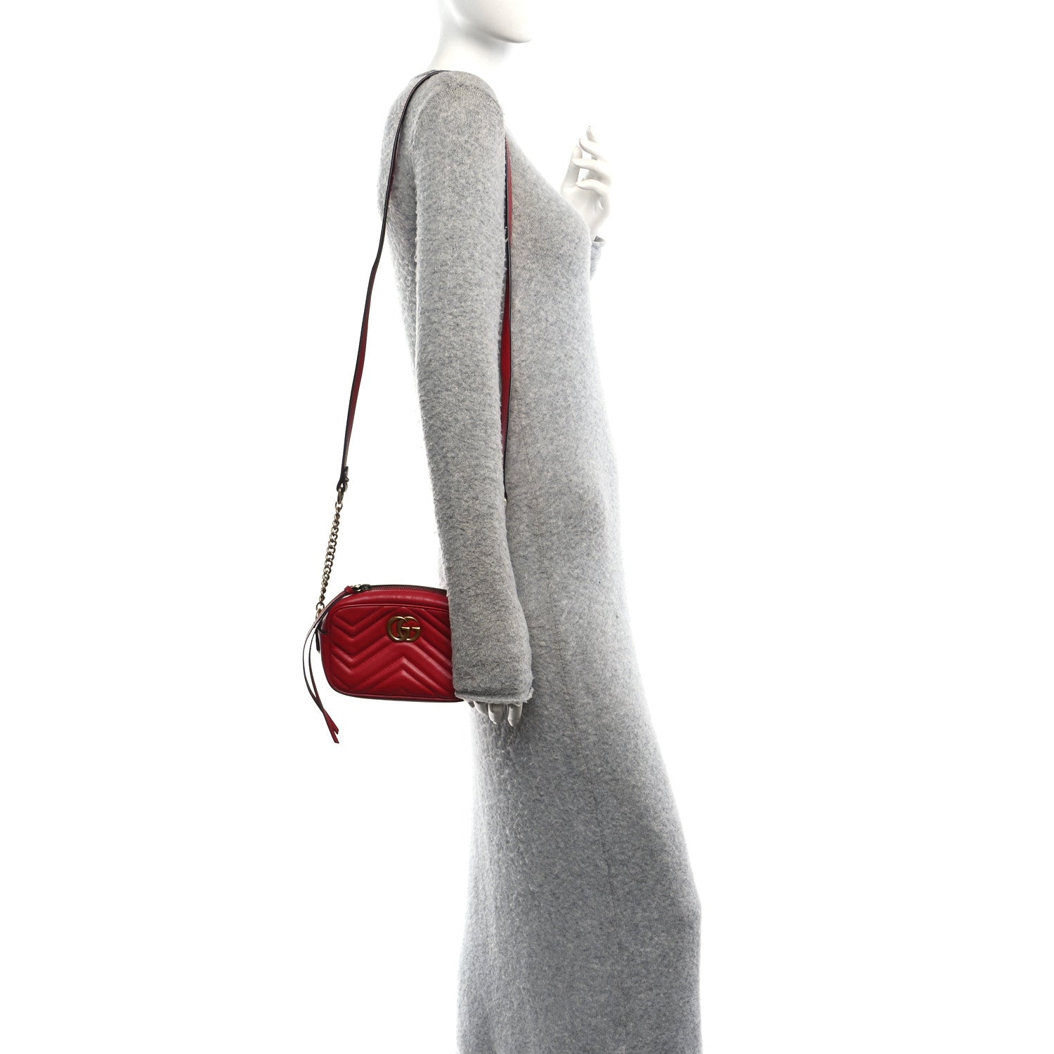 Calfskin Matelasse Mini GG Marmont Chain Shoulder Bag Hibiscus Red