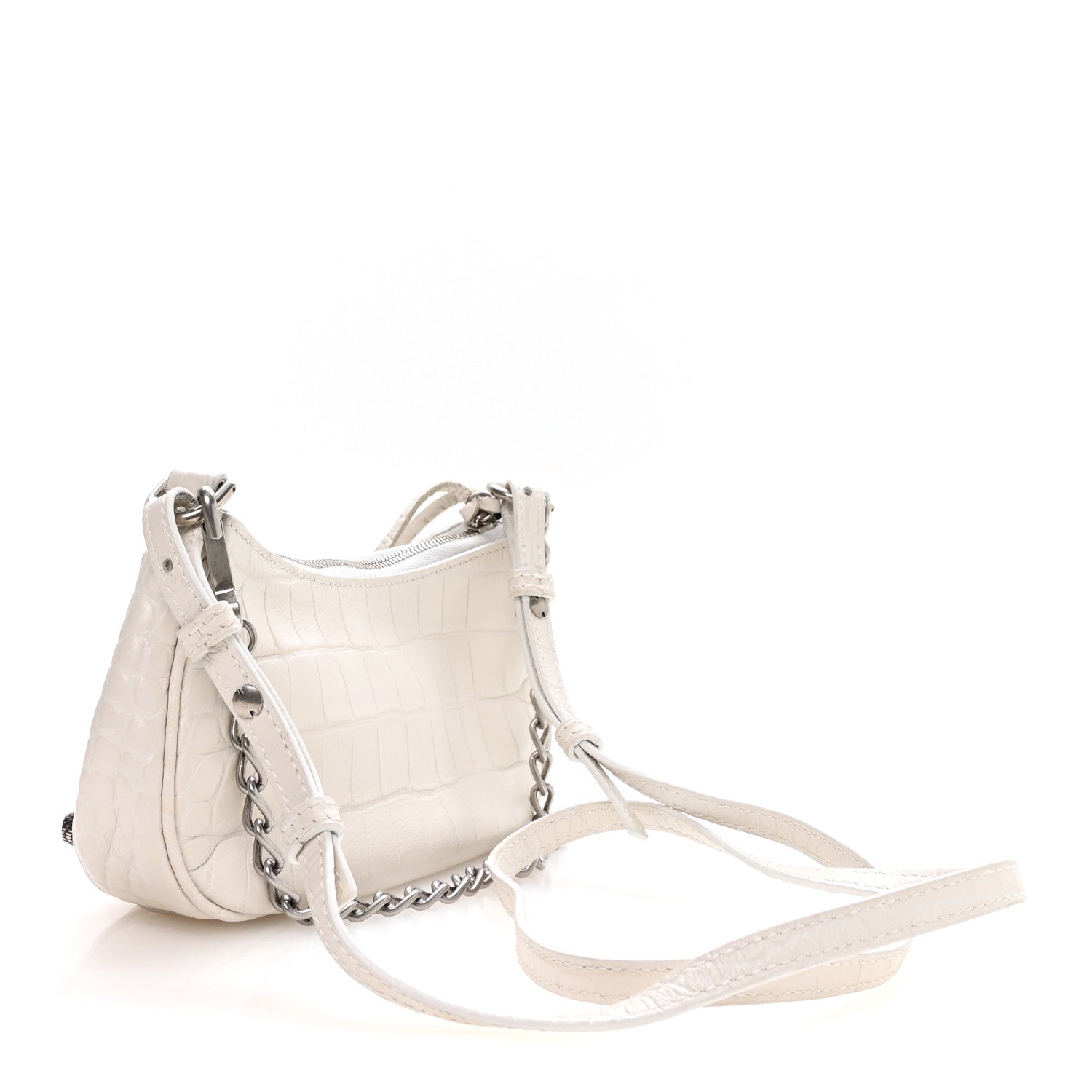 Extra Supple Calfskin Crocodile Embossed Le Cagole Mini Purse With Chain White