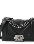 Calfskin Perforated Chevron Quilted Small Boy Flap Black