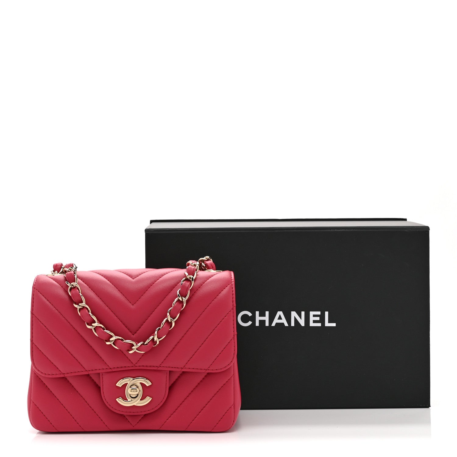 Lambskin Chevron Quilted Mini Square Flap Fuchsia