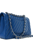 Caviar Chevron Quilted Medium Double Flap Blue