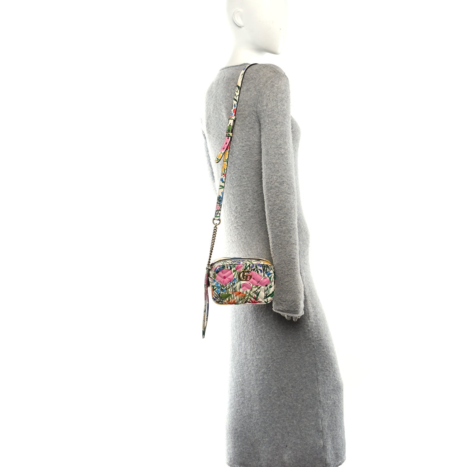 X KEN SCOTT Calfskin Matelasse Floral Print Mini GG Marmont Chain Shoulder Bag Ivory Pink