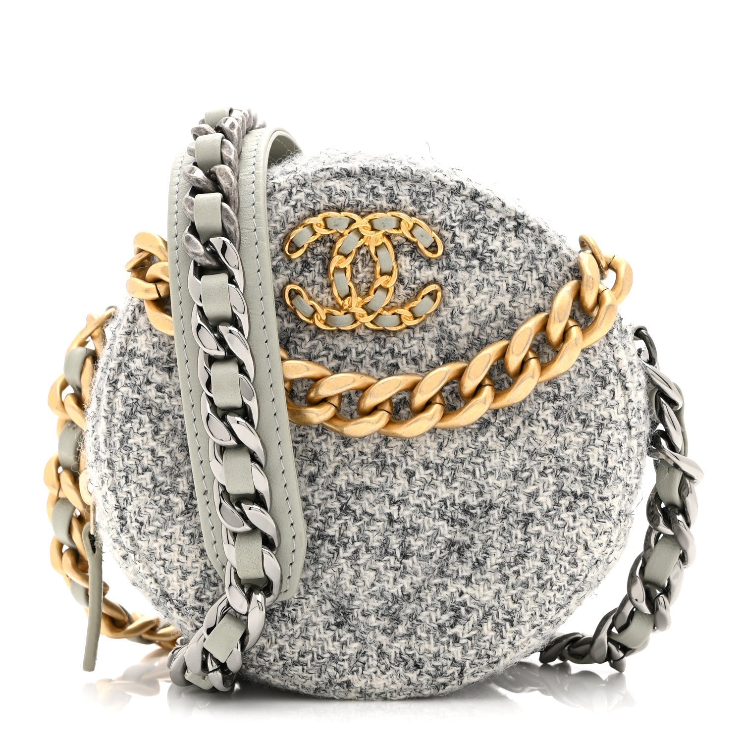 Wool Tweed Lambskin Quilted CHNL 19 Round Clutch With Chain Grey Ecru