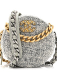 Wool Tweed Lambskin Quilted CHNL 19 Round Clutch With Chain Grey Ecru
