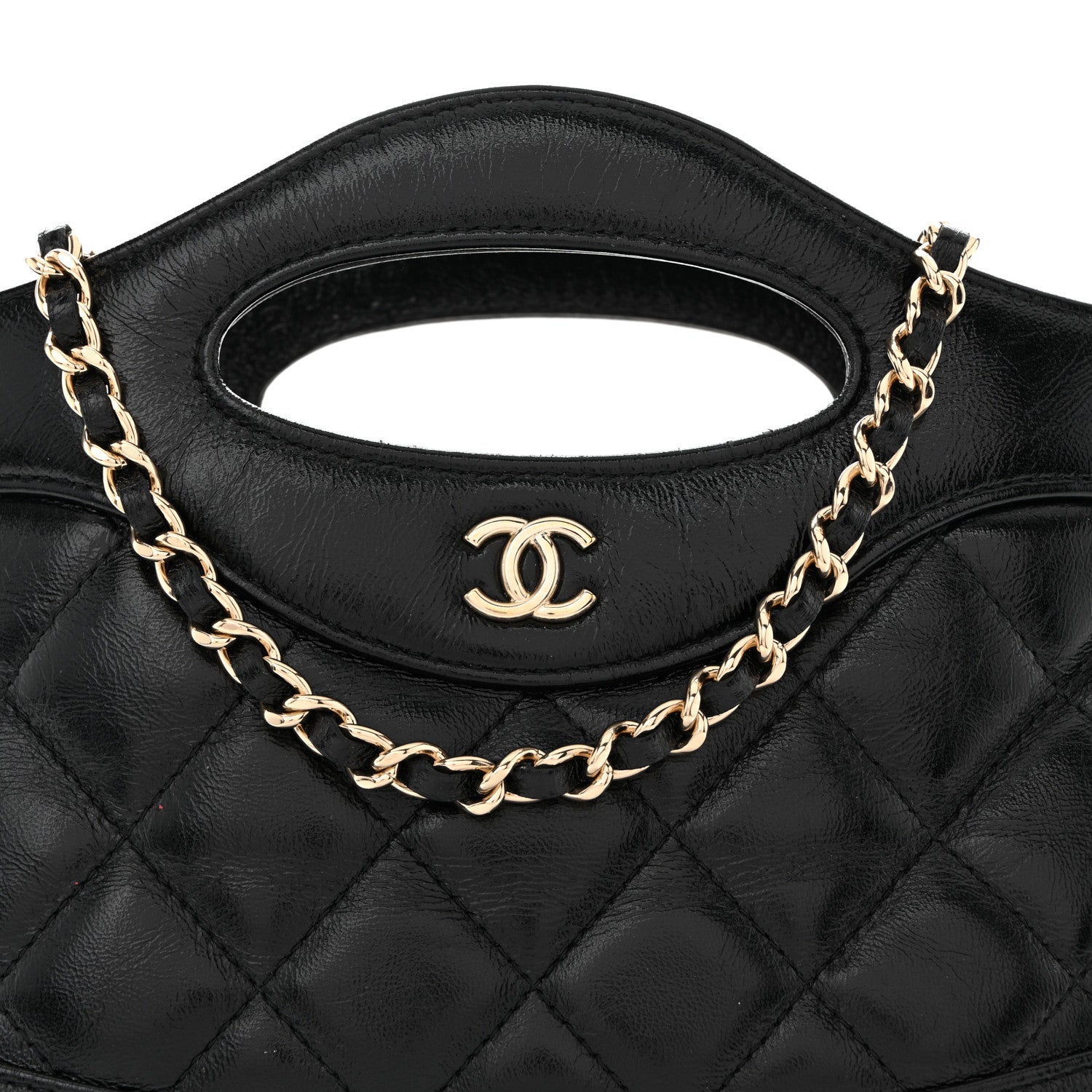 Shiny Crumpled Calfskin Quilted Nano 31 Shopping Bag Black
