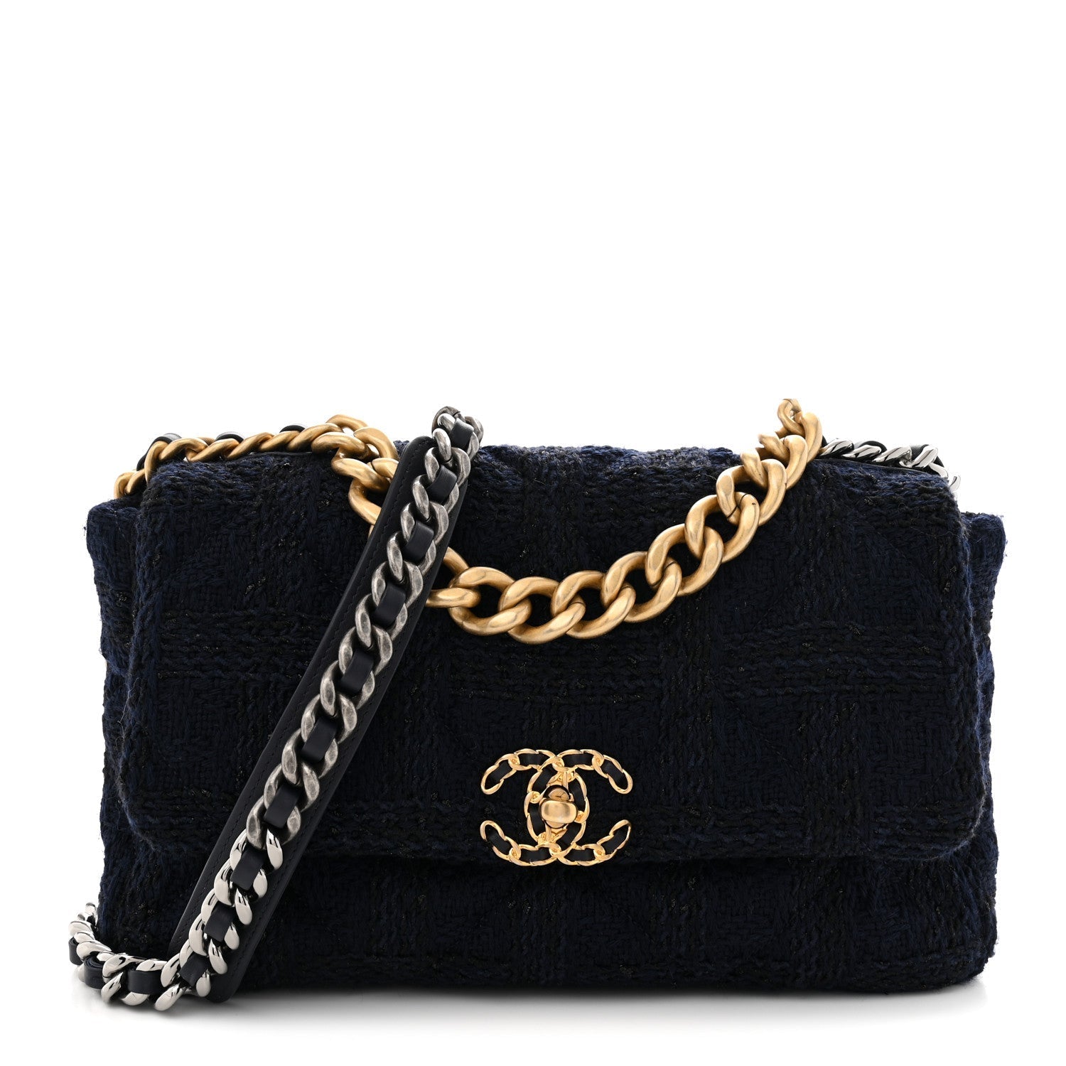 Tweed Quilted Large CHNL 19 Flap Navy Blue