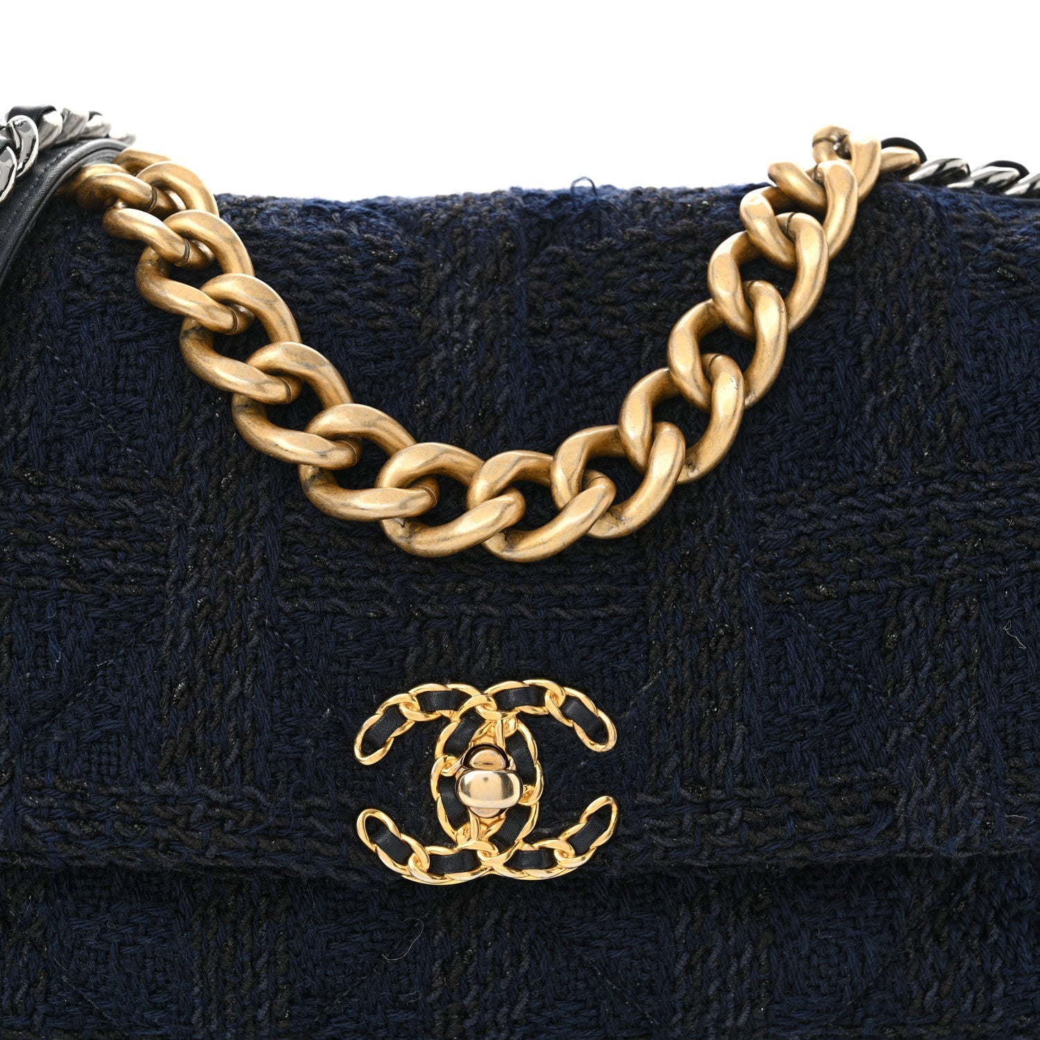 Tweed Quilted Large CHNL 19 Flap Navy Blue