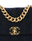 Tweed Quilted Large CHNL 19 Flap Navy Blue