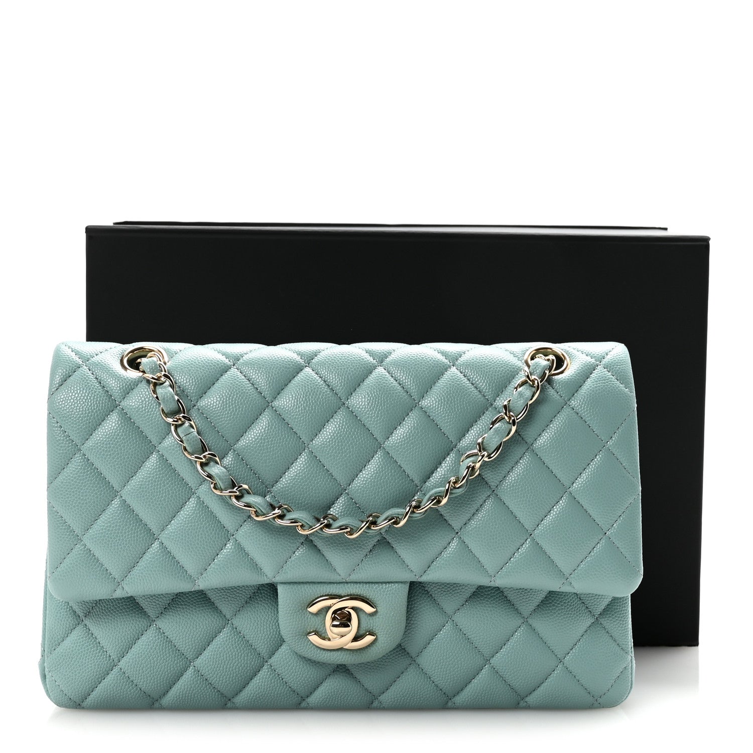 Caviar Quilted Medium Double Flap Light Blue